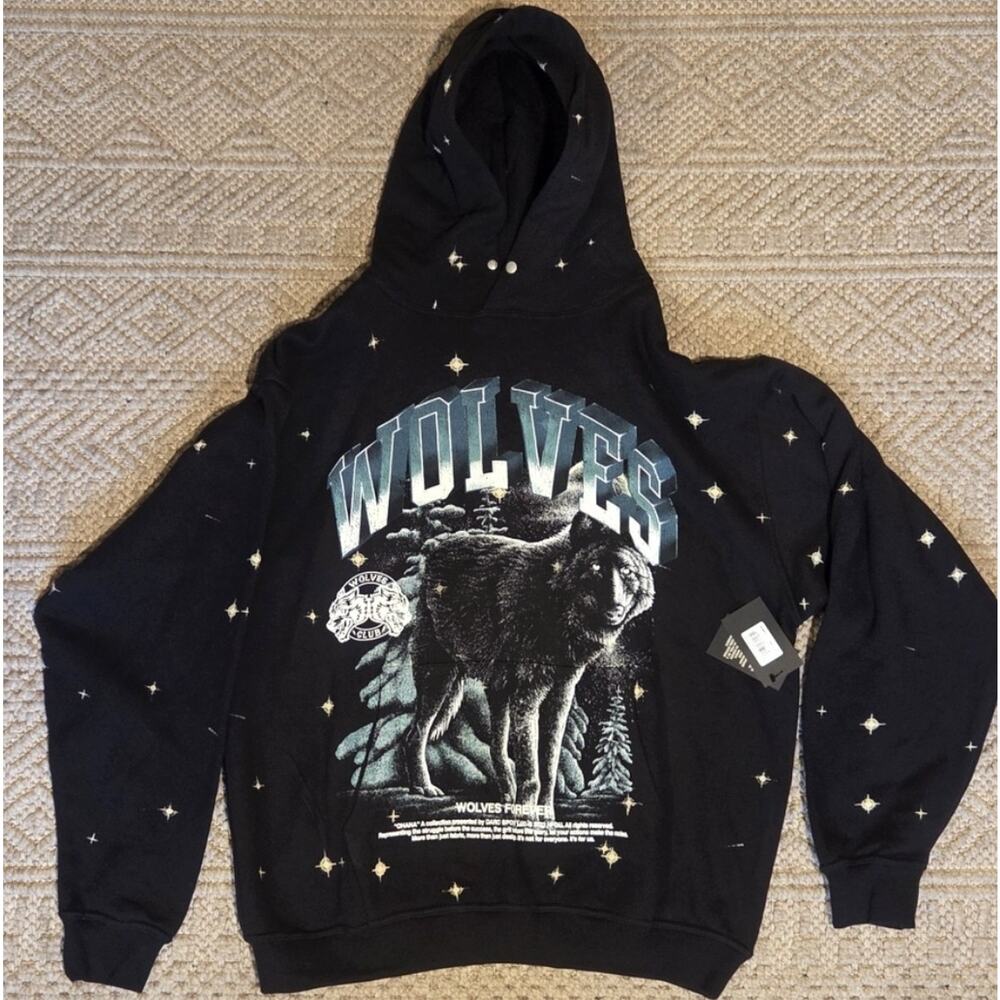 Darc Sport Ohana Tour Wolves Hoodie Large Black Starry Night NWT Graphic
